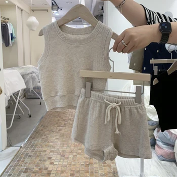 בגדי תינוק סטים קוריאה הקיץ בייבי בנים סט בגדים לתינוק כותנה וופל אפוד + מכנסיים קצרים 2pcs סט מזדמן חליפת בייבי בנות תלבושות