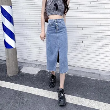 בגדים של נשים וינטאג גבוה המותניים פתוחים ג 'ינס חצי גוף שמלה ארוכה בקיץ רזה קו חצאית ג' ינס בסגנון קוריאני אופנה 2023