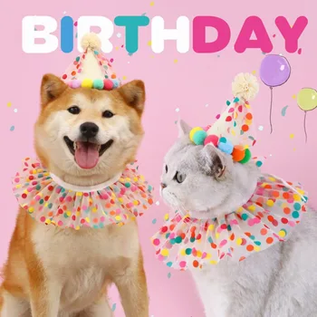 1Pc אופנה יצירתי חתול יום הולדת כובע נקודה תחרה עם קטיפה הכדור הכלב סינר תחפושת חתול מחמד מסיבת יום הולדת ממתקים צבע החתול הכובע