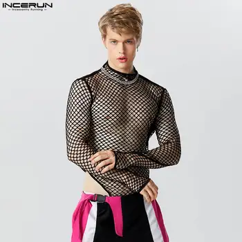 INCERUN 2023 סקסי של גברים Homewear Bodysuits חצי גבוהה צוואר לראות דרך רשת Rompers מזדמנים זכר אצבעון שרוול ארוך Rompers S-5XL