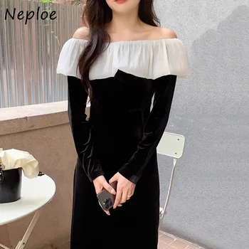 Neploe אופנה עדין נטוי הצוואר קפלים שמלות סתיו חדש מותניים צרים קטיפה שחורה שמלה לנשים Y2k שרוול ארוך Vestidos