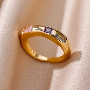 טריקולור זירקון גיאומטריות טבעות לנשים זהב מצופה נירוסטה מרובע הטבעת אסתטי תכשיטים לחתונה אביזרים מתנה
