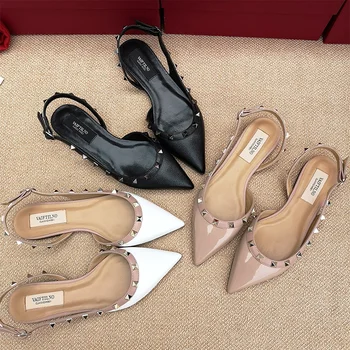 נשים הקיץ של נעלי מסמרת הבוהן מחודד מעור גלדיאטור הסקסי האלגנטי נשים נעליים שטוחות סנדלים 33-41 עם תיבת