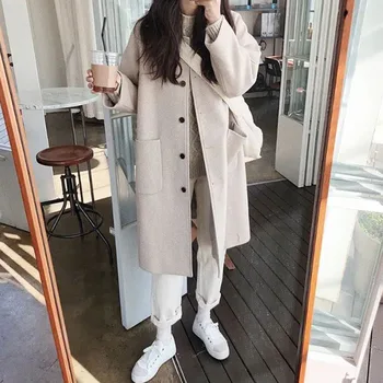 2023 סגנון קוריאני ארוך מעיל צמר נשים אופנת רחוב קלאסיק ליחיד עם חזה מעיל רוח אישה סתיו חורף רופף מעיל