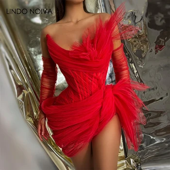 סקסי אדום סימטרי מיני שמלות קוקטייל עם כפפות Ruched סטרפלס לנשים קצרות שמלות מסיבת יום ההולדת מקסי שמלת נשף