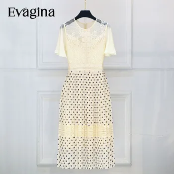 Evagina אופנה דוט הדפס קפלים תחרה שמלה ארוכה אביב הקיץ החדש של הנשים הזיקוקים שרוול חג שמלות אלגנטיות