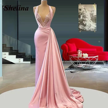 Shelina מסוגנן מעולה פאייטים נשף שמלות ערב עמוק בצורת V צוואר סימטרי חריץ שרוולים החלוק De Bal הלקוח גרם