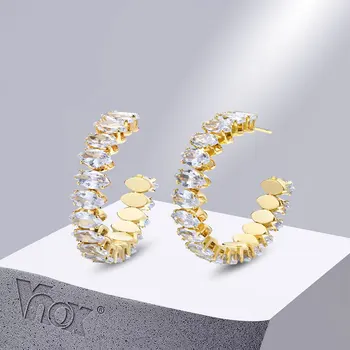 Vnox דלוקס נשים מסיבה עגילים עם בלינג זרקונים אבנים, צבע זהב C בצורת חישוק עגילים, brincos femininos
