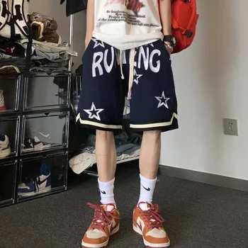 מכתב כוכב רקמה ספורט קצרים רחוב אמריקאי רופף אופנה מכנסיים קצוצים Harajuku היפ-הופ רחב-רגל, כדורסל קצרים.