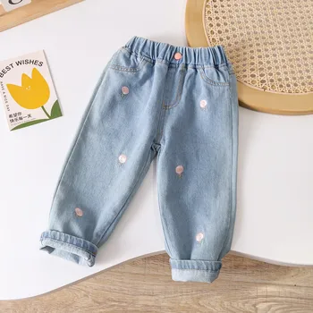ילדים ג 'ינס 2023 באביב ובסתיו החדש כותנה, ג' ינס רגל ישרה קוריאני אופנה סוכריות דפוס רופף רגוע מכנסיים להאריך ימים יותר