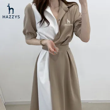 HazzysWomen של חצאית שיק קיץ צרפתי דש עיצוב עם צבעים מנוגדים, אחד כפתור סגירת המותניים, קצר שרוול שמלת