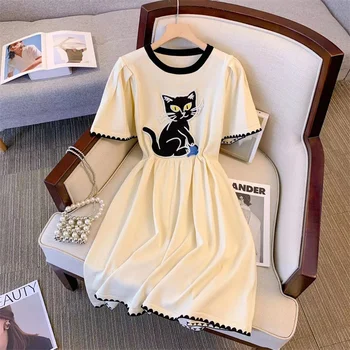 Summe השמלה נשים אלגנטי רקמה חתול שרוול קצר O-צוואר קו A-מיני, שמלות צד סרוג בסגנון צרפתי מותניים צרים Vestids