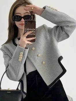 Zoki אופנה גריי טוויד מעיל נשים Harajuku לא סדיר אלגנטי מעיל שרוול ארוך קוריאנית כפול בעלות עיצוב פשוט מזדמן העליון