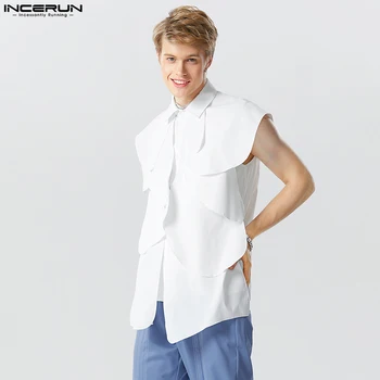 INCERUN מקסימום 2023 בסגנון אמריקאי של גברים אופנה אמנות בשכבות עיצוב כותרת חולצות מקרית ברחוב זכר מוצק ללא שרוולים, חולצה S-5XL