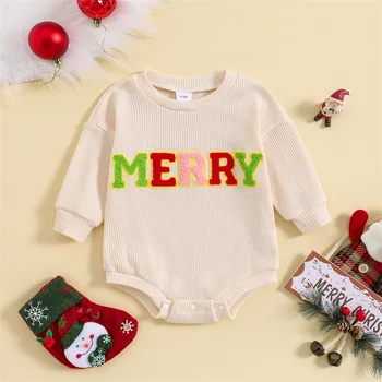 חג המולד תינוק בייבי בנים בנות רומפר כותנה וופל התינוק סרבל כפתור מכתב שרוול ארוך לילדים Playsuit בגדים