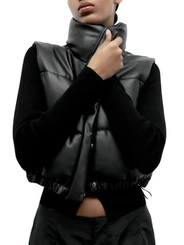 נשים עור PU אפוד המשאף צבע מוצק לעמוד צווארון הז ' קט מרופד סתיו חורף אופנה מעיל