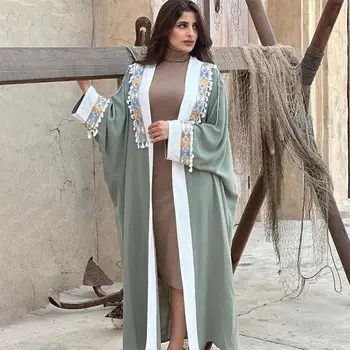 ערבי אופנה חלוק עם ציצית Abaya דובאי, טורקיה שמלות הרמדאן המוסלמי עיד חופשי שמלה לנשים קימונו האסלאמית Kaftan מרוקאי