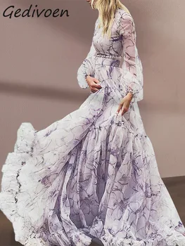 Gedivoen מעצב אופנה שמלת הקיץ של נשים פנס השרוול גבוה המותניים מדורגים Ruffles מסיבה אלגנטית הדפסה סגול שמלה ארוכה