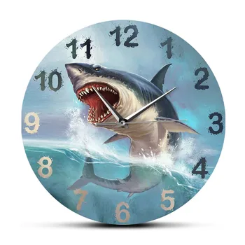 רעב כריש לבן גדול שעון קיר לחדר ילדים-הים להרים אמנות עיצוב הבית אושן בעלי חיים אקווריום שקט ללא מתקתק שעון קיר