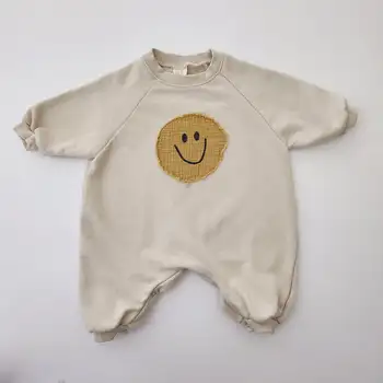 התינוק הנולד בגדים לבנים כותנה תינוקות רומפר קריקטורה חיוך תפירת שרוול ארוך בנות בגד 0-24M בגדים אביב סתיו