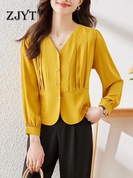 ZJYT קוריאני אופנה נשים חולצות וחולצות 2023 סתיו צהוב Camisas Blusa Mujer Moda אלגנטי משרד ליידי חולצות שרוול ארוכות
