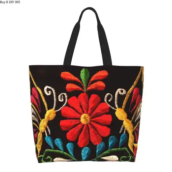 מצחיק מקסיקני פרפרים, פרחים דפוס קניות תיק לשימוש חוזר אוטומי רקמה אמנות מכולת בד קונה תיק כתף