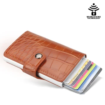RFID חסימה בציר גברים בעל כרטיס האשראי סגסוגת אלומיניום תעודת הזהות מקרה אוטומטי זכר מתכת עור בעל כרטיס ארנק