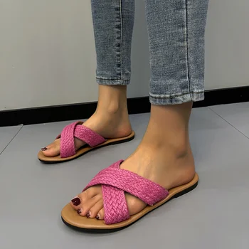 2023 חדש לנשים נעלי בית הקיץ של מעצבת האופנה בוהן פתוח להחליק על בנות שטוחות נעליים חוצות מזדמן בוהמי נשים סנדלים
