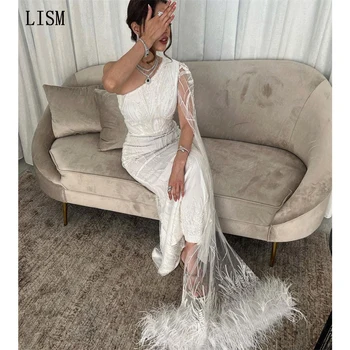 LISM כתף אחת נוצות רשמית אירוע שמלות אפליקציות אלגנטיות באורך קרסול נשף שמלת שרוול קצר סלבריטאים שמלת מסיבת