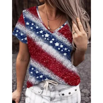 טי-שירט נשים הדגל האמריקאי הדפסת 3D האופנה V-T-חולצות שרוול קצר חולצות Tees חופשי מזדמן Tees בציר Camisetas ארה 