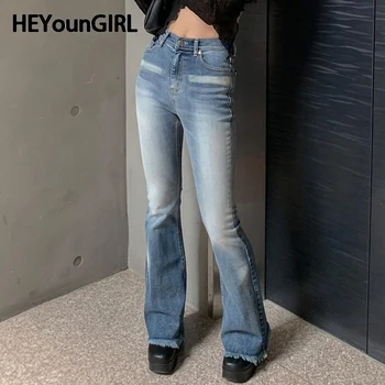 HEYounGIRL קוריאני נשים נור ג 'ינס Y2K אופנה מותן נמוכה בציר כחול, מכנסי ג' ינס בסיסיים בנות רזות Boot Cut מכנסיים ברחוב