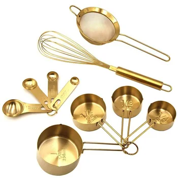 10 חלקים זהב אפייה כלים לקבוע, נירוסטה כלי בישול - מדידת כפיות & כוסות להגדיר להקציף מסננת