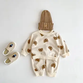 קריקטורה תינוק בגדים סטים 2023 סתיו כותנה דוב הדפסת 2-Piece Suit מזדמן תינוקות בנים בנות תלבושות ארוכות ילדים סטים