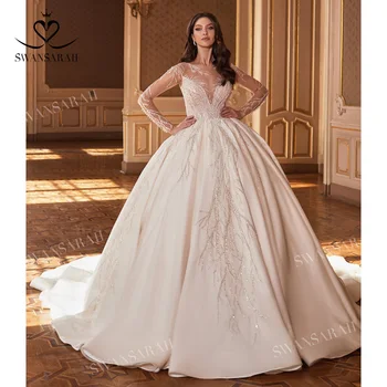 שרוול ארוך שמלת נשף שמלת החתונה 2023 מתוקה וינטג ' כלה רכבת משפט הנסיכה SwanSarah R126 בתוספת גודל Vestido De נוביה
