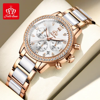 הגורל אוהב 881 אופנה הכרונוגרף קוורץ של נשים שעונים לוח שנה שעון היד עמיד למים פלדה, קרמיקה רצועת השעון לנשים