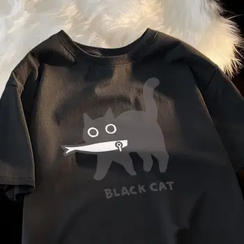 אנימציה יפנית כיף מצחיק דג חתול שחור עם שרוול קצר לגברים ונשים חופשי זוג חמוד התלבושת-התאמה נישה חצי שרוולים