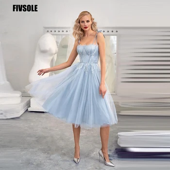 Fivsole טול כחול שמיים שמלות ערב תחרה, אפליקציות רשמית שמלה קו תה אורך שמלות ערב Vestidos דה נוצ ' ה שמלות לנשף