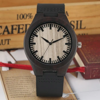מסוגנן אבוני עץ קוורץ שעון יד גברים 12-שעות מידה חיוג שחור עור אמיתי להקת שעון מזדמן בציר זכר שעונים