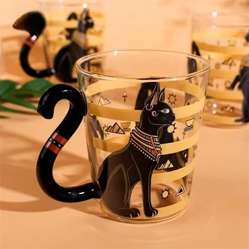 קלאסית יצירתי חתול שחור טוטם זכוכית פשוטה עם ידית משק הבית גבוה עמיד בטמפרטורות מים כוס טרי חמוד כוס חלב