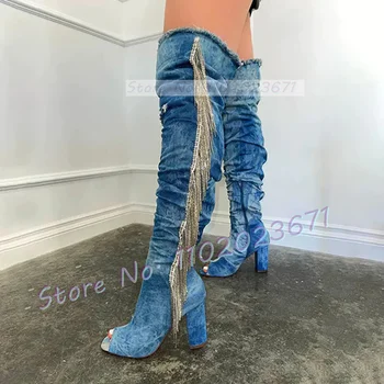 קריסטל ציצית הבוהן ציוץ ארוך במגפי ג ' ינס נשים סקסי גבוהה לחסום את העקבים גבוה הברך נעלי גברת מסוגננת אופנת רחוב צד-zip מגפיים