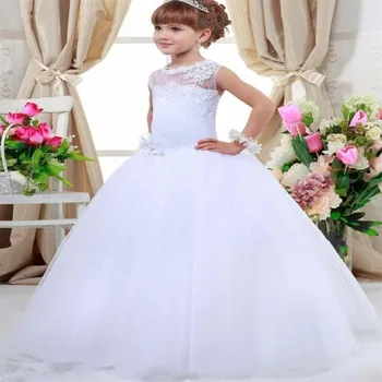 פרח ילדה שמלות לבן תחרה ללא שרוולים רשמית הילדים החתונה הטקס הראשון שמלות נסיכה באורך רצפת שמלת