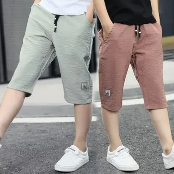 3-10Year ילדים קצרים עשרה בנים מכנסיים קצרים בקיץ ילדים באורך הברך ישר מכנסיים קצרים לבנים פשתן כותנה Capris מסלול שאיפה מקרית